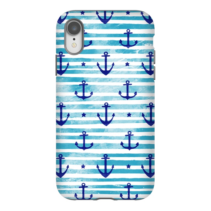 iPhone Xr StrongFit Blue watercolor anchors and stripes nautical pattern by Oana 