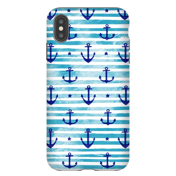 iPhone Xs Max StrongFit Blue watercolor anchors and stripes nautical pattern by Oana 