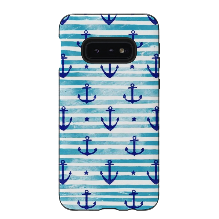 Galaxy S10e StrongFit Blue watercolor anchors and stripes nautical pattern by Oana 