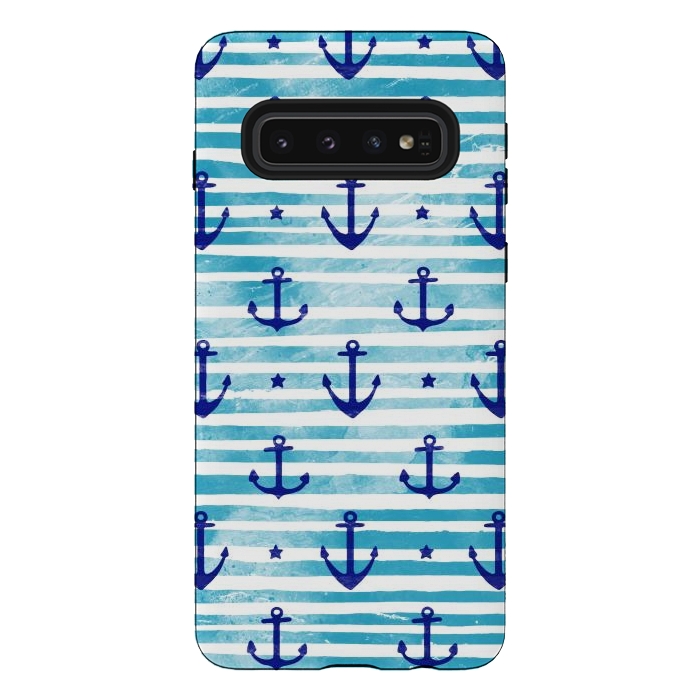 Galaxy S10 StrongFit Blue watercolor anchors and stripes nautical pattern by Oana 
