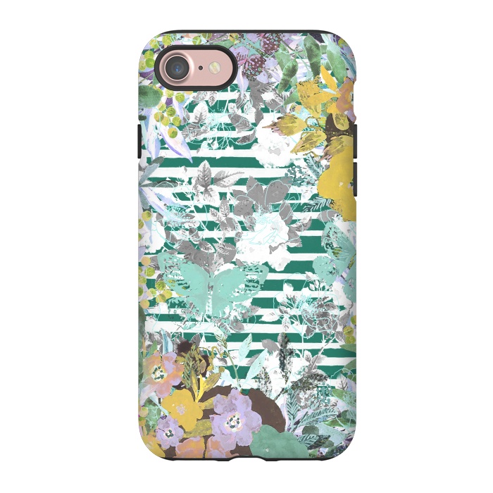 iPhone 7 StrongFit watercolor painted flowers, butterflies and stripes by Oana 