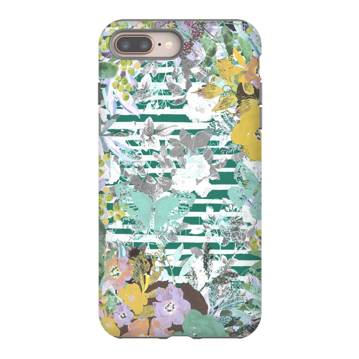 iPhone 7 plus StrongFit watercolor painted flowers, butterflies and stripes by Oana 