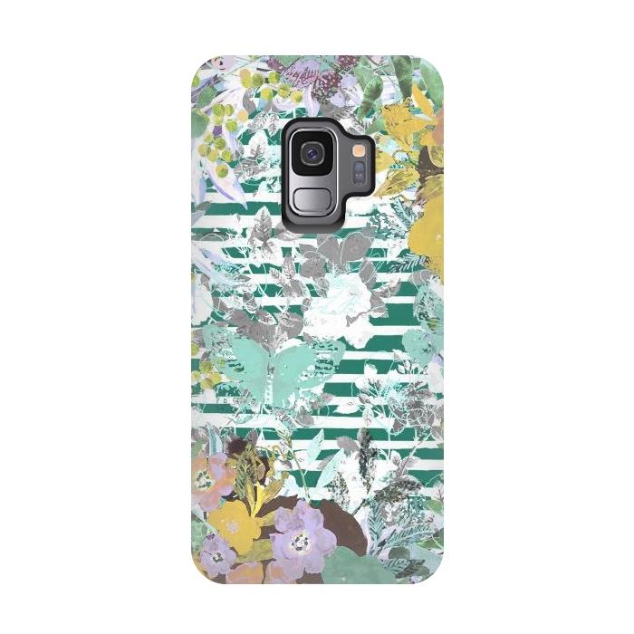 Galaxy S9 StrongFit watercolor painted flowers, butterflies and stripes by Oana 