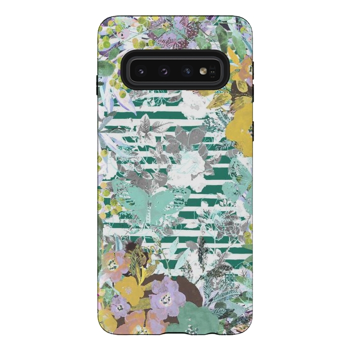 Galaxy S10 StrongFit watercolor painted flowers, butterflies and stripes by Oana 