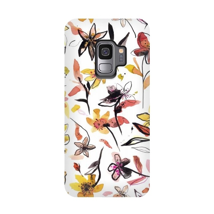 Galaxy S9 StrongFit Ink Flowers Yellow by Ninola Design