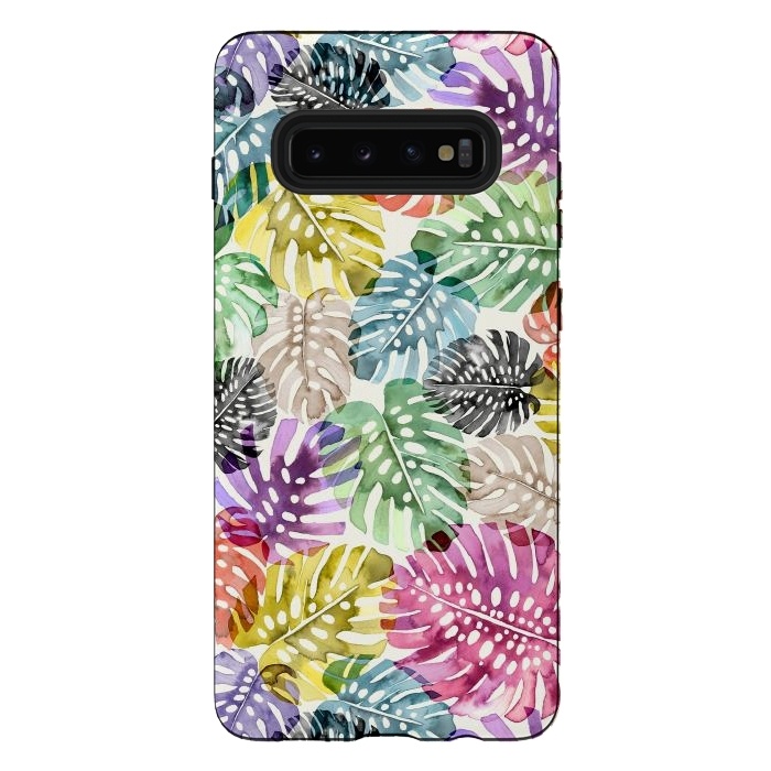 Galaxy S10 plus StrongFit Colorful Tropical Monstera Leaves by Ninola Design