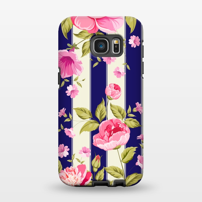 Galaxy S7 EDGE StrongFit blue stripes floral print by MALLIKA