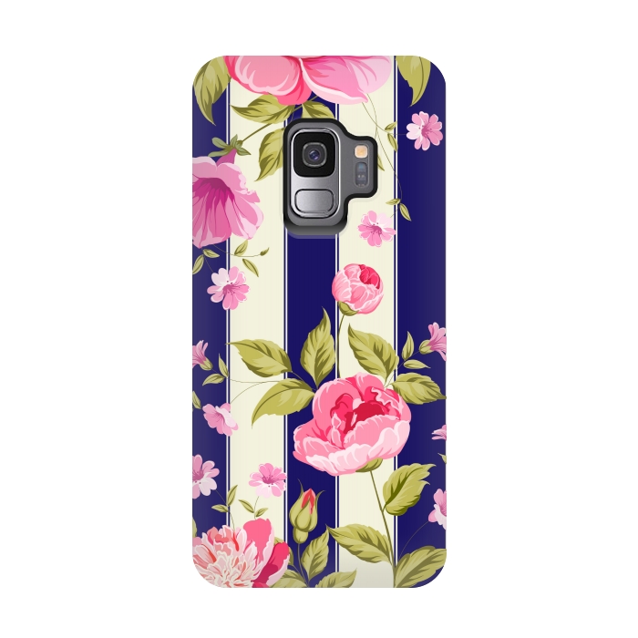 Galaxy S9 StrongFit blue stripes floral print by MALLIKA