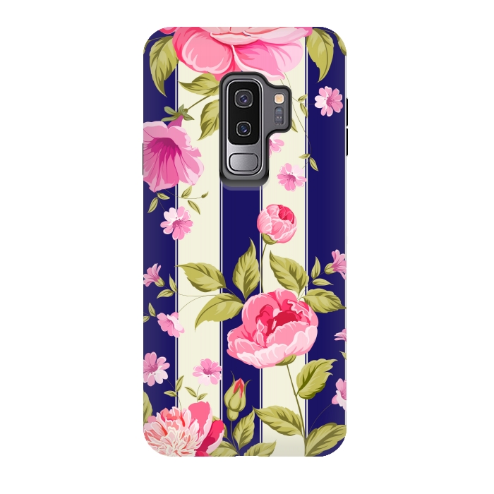 Galaxy S9 plus StrongFit blue stripes floral print by MALLIKA