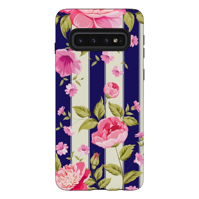 Galaxy S10 StrongFit blue stripes floral print by MALLIKA