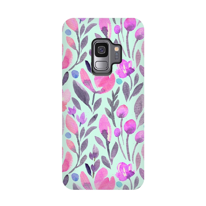 Galaxy S9 StrongFit Mint and Pink Flowers by Allgirls Studio