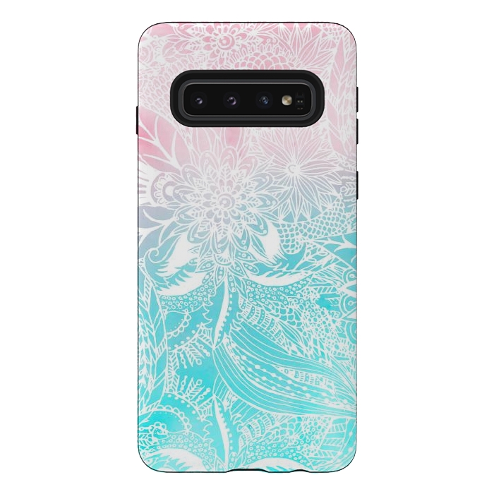 Galaxy S10 StrongFit whimsy white floral mandala watercolor design by InovArts