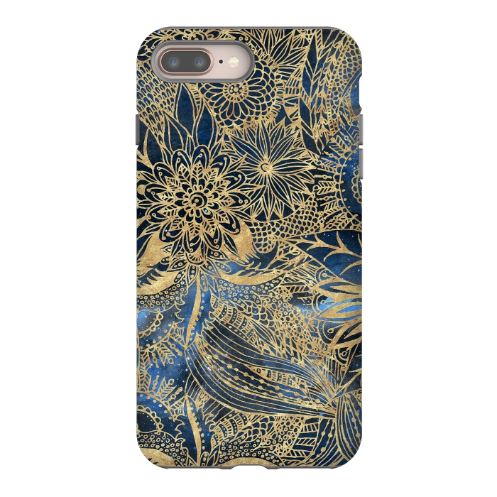 iPhone 7 plus StrongFit Elegant gold floral mandala and blue nebula design by InovArts