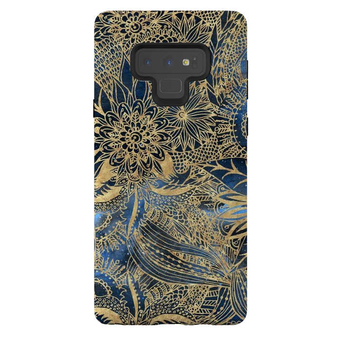 Galaxy Note 9 StrongFit Elegant gold floral mandala and blue nebula design by InovArts