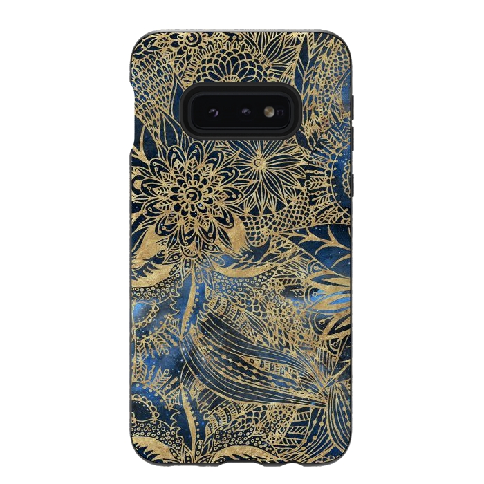 Galaxy S10e StrongFit Elegant gold floral mandala and blue nebula design by InovArts