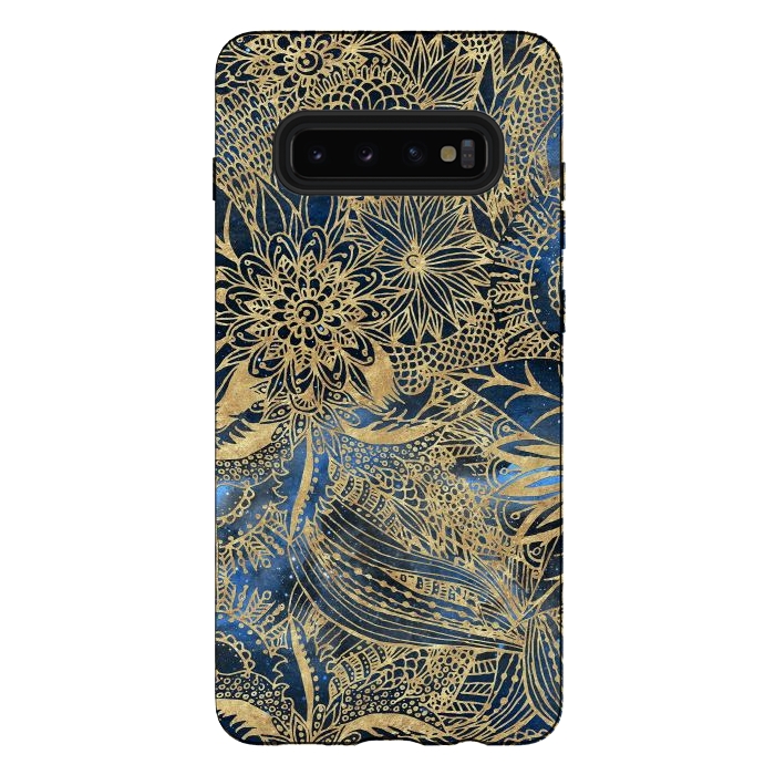 Galaxy S10 plus StrongFit Elegant gold floral mandala and blue nebula design by InovArts