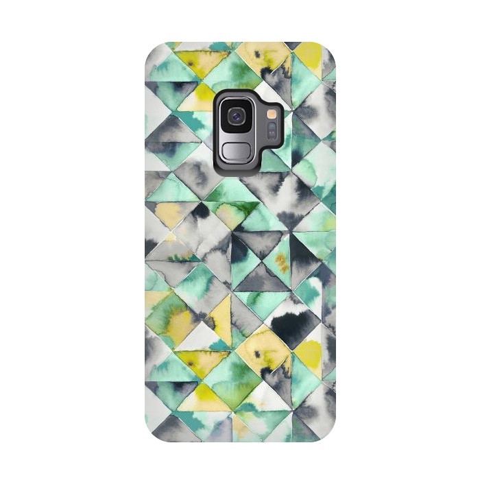 Galaxy S9 StrongFit Watercolor Triangles Geometry Lime by Ninola Design