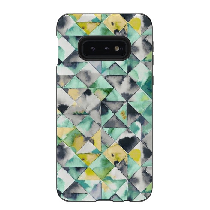 Galaxy S10e StrongFit Watercolor Triangles Geometry Lime by Ninola Design