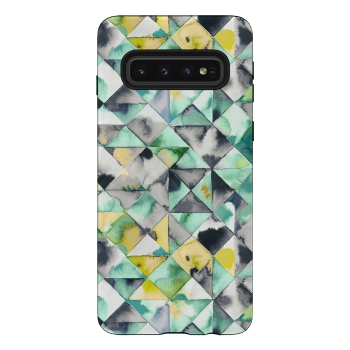 Galaxy S10 StrongFit Watercolor Triangles Geometry Lime by Ninola Design