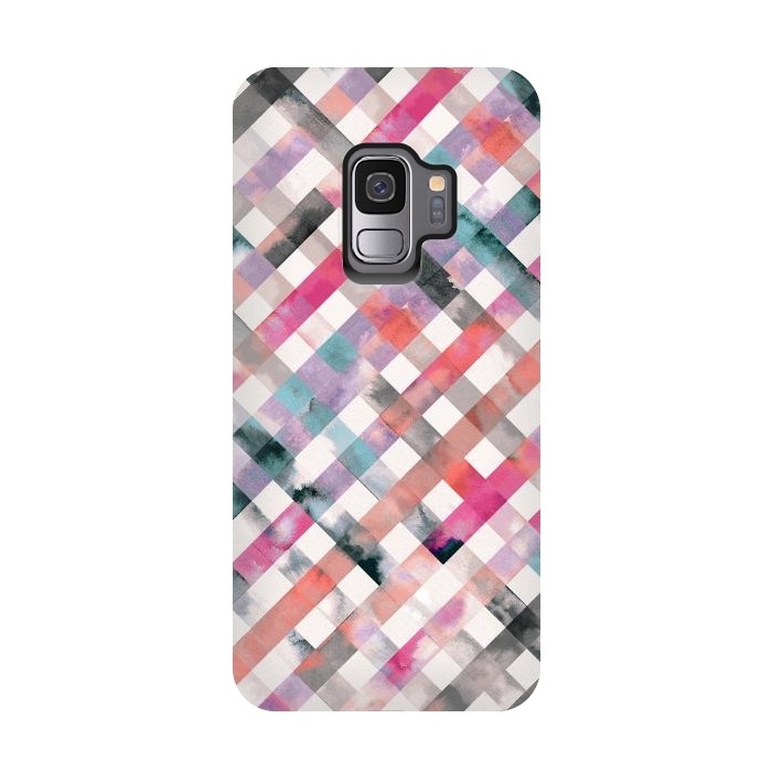 Galaxy S9 StrongFit Watercolor Vichy Gingham Pink by Ninola Design