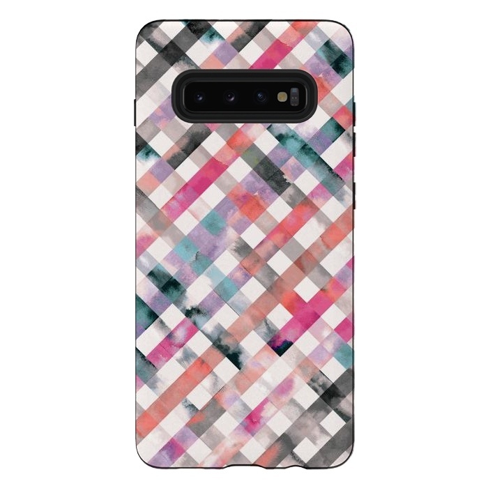 Galaxy S10 plus StrongFit Watercolor Vichy Gingham Pink by Ninola Design