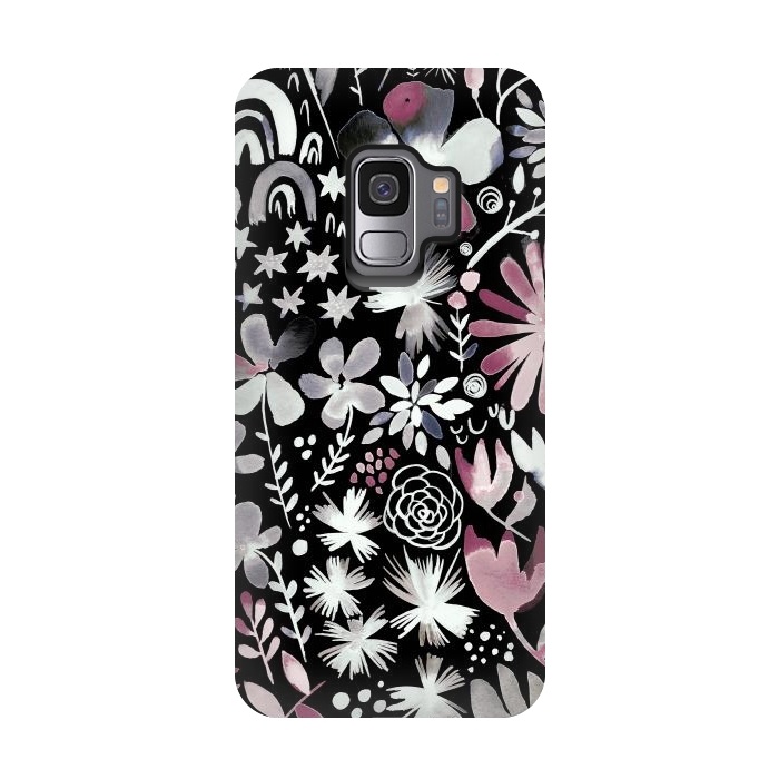 Galaxy S9 StrongFit Winter Ink Dark Flowers by Ninola Design