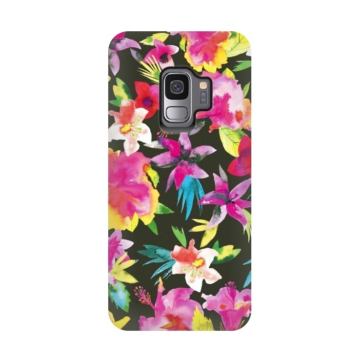 Galaxy S9 StrongFit Caribbean Flowers and Palms by Ninola Design