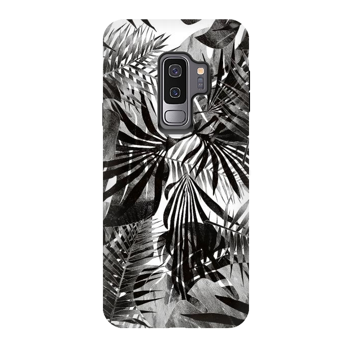 Galaxy S9 plus StrongFit Silver black metallic tropical leaves by Oana 
