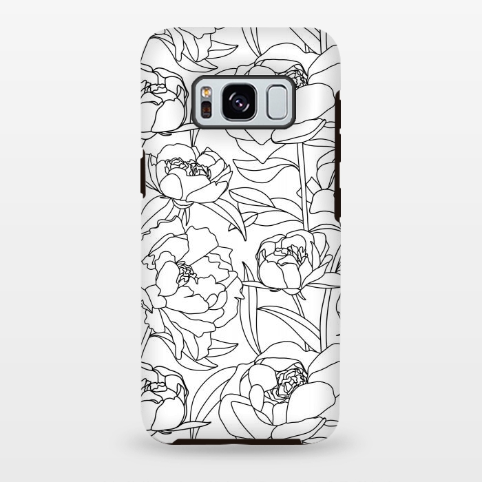 Galaxy S8 plus StrongFit Black & White Peony line drawing  by Melissa Pedersen