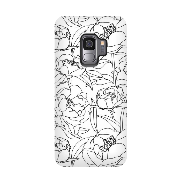 Galaxy S9 StrongFit Black & White Peony line drawing  by Melissa Pedersen