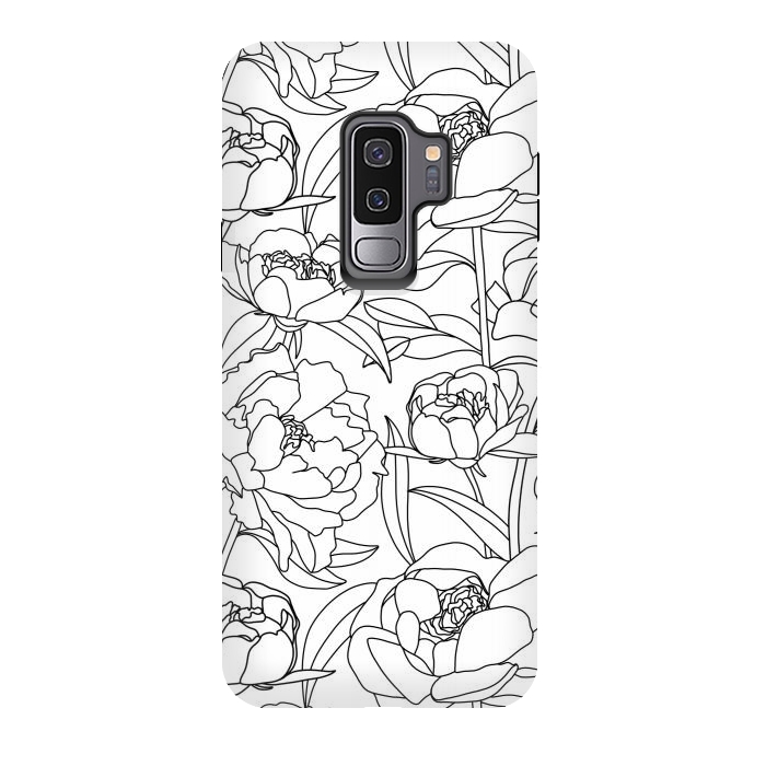 Galaxy S9 plus StrongFit Black & White Peony line drawing  by Melissa Pedersen