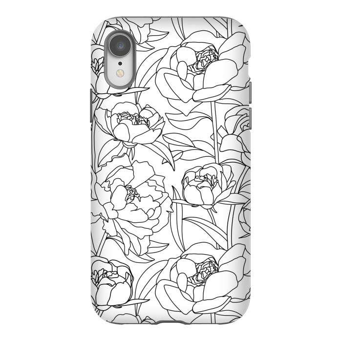 iPhone Xr StrongFit Black & White Peony line drawing  by Melissa Pedersen