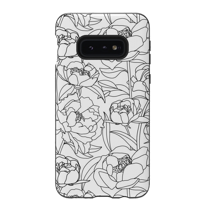 Galaxy S10e StrongFit Black & White Peony line drawing  by Melissa Pedersen