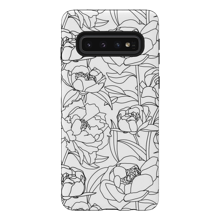 Galaxy S10 StrongFit Black & White Peony line drawing  by Melissa Pedersen