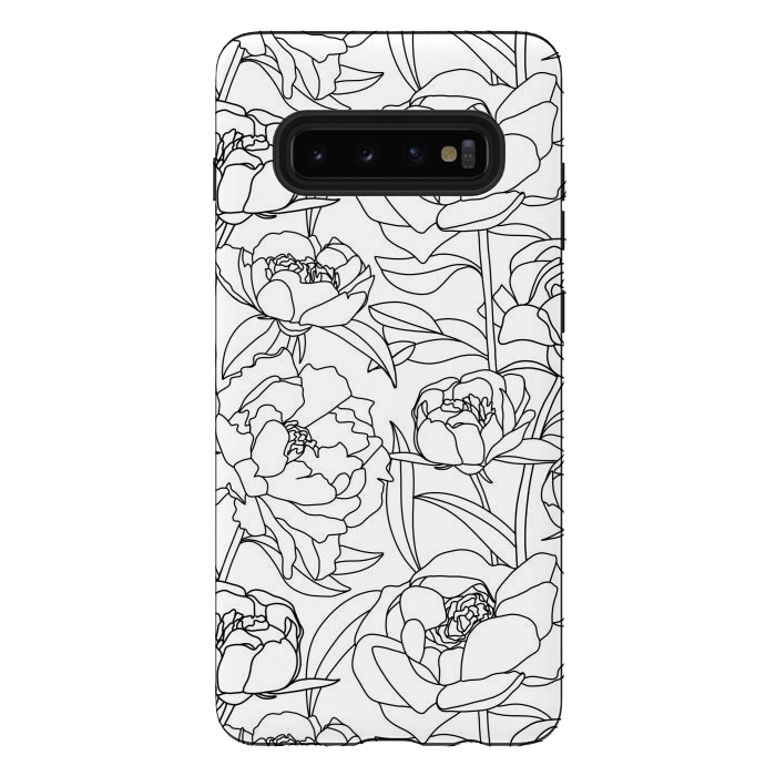 Galaxy S10 plus StrongFit Black & White Peony line drawing  by Melissa Pedersen