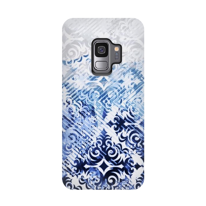 Galaxy S9 StrongFit Gradient blue white silver damask pattern by Oana 