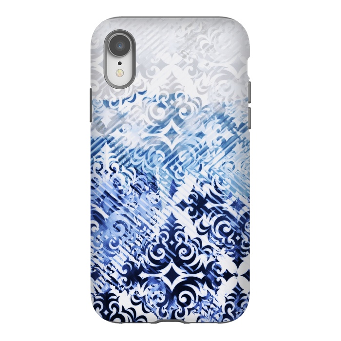 iPhone Xr StrongFit Gradient blue white silver damask pattern by Oana 