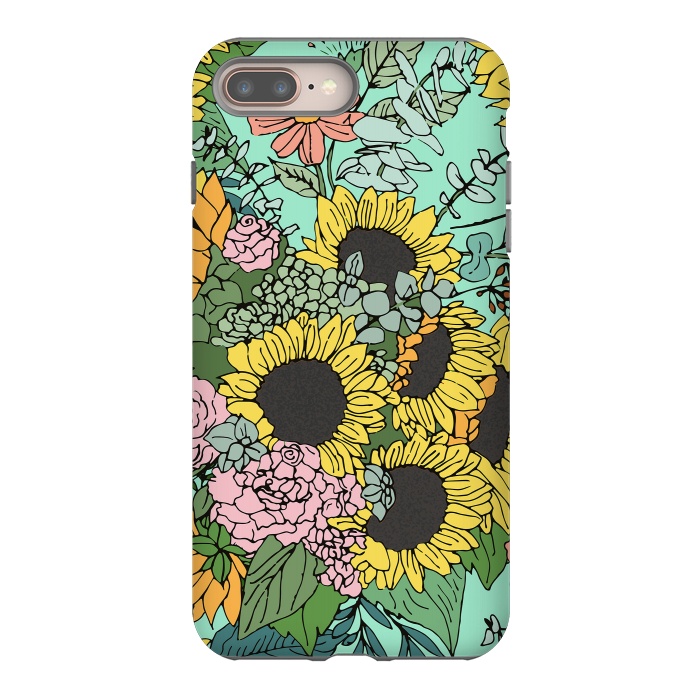 iPhone 7 plus StrongFit Trendy yellow sunflowers and pink roses mint design by InovArts