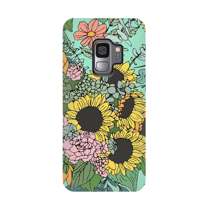 Galaxy S9 StrongFit Trendy yellow sunflowers and pink roses mint design by InovArts