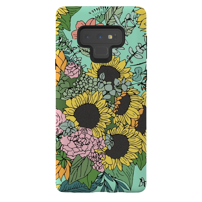 Galaxy Note 9 StrongFit Trendy yellow sunflowers and pink roses mint design by InovArts