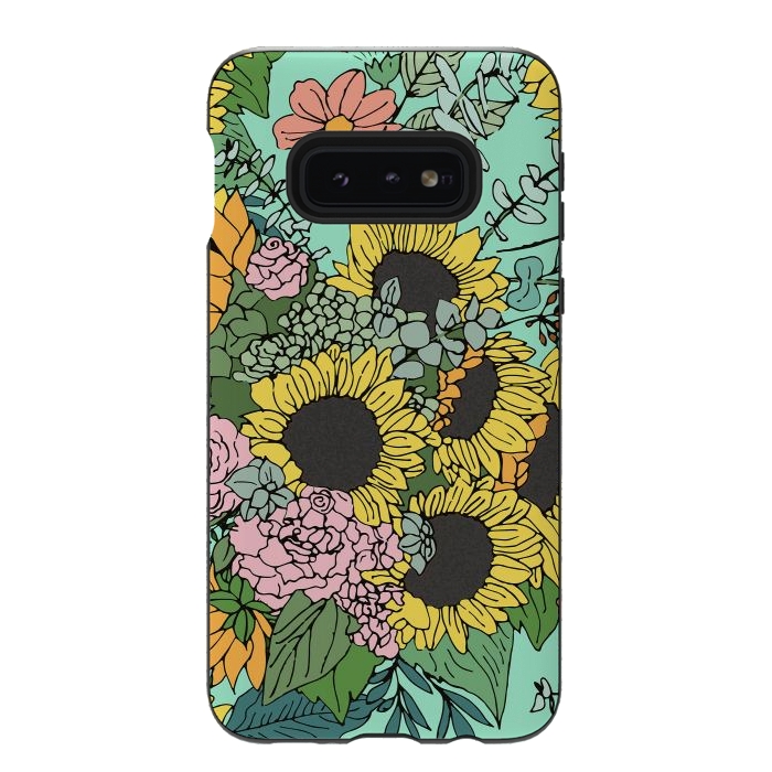Galaxy S10e StrongFit Trendy yellow sunflowers and pink roses mint design by InovArts