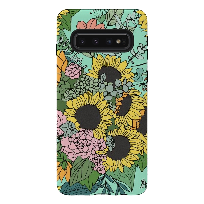 Galaxy S10 StrongFit Trendy yellow sunflowers and pink roses mint design by InovArts
