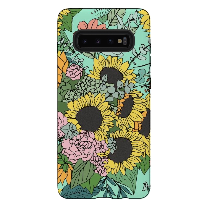 Galaxy S10 plus StrongFit Trendy yellow sunflowers and pink roses mint design by InovArts