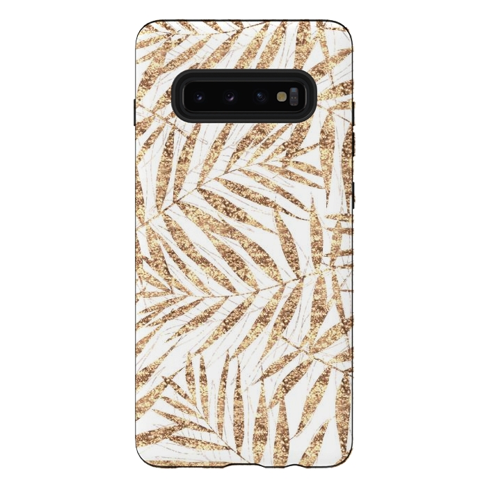 Galaxy S10 plus StrongFit Elegant golden tropical palm leaves design by InovArts