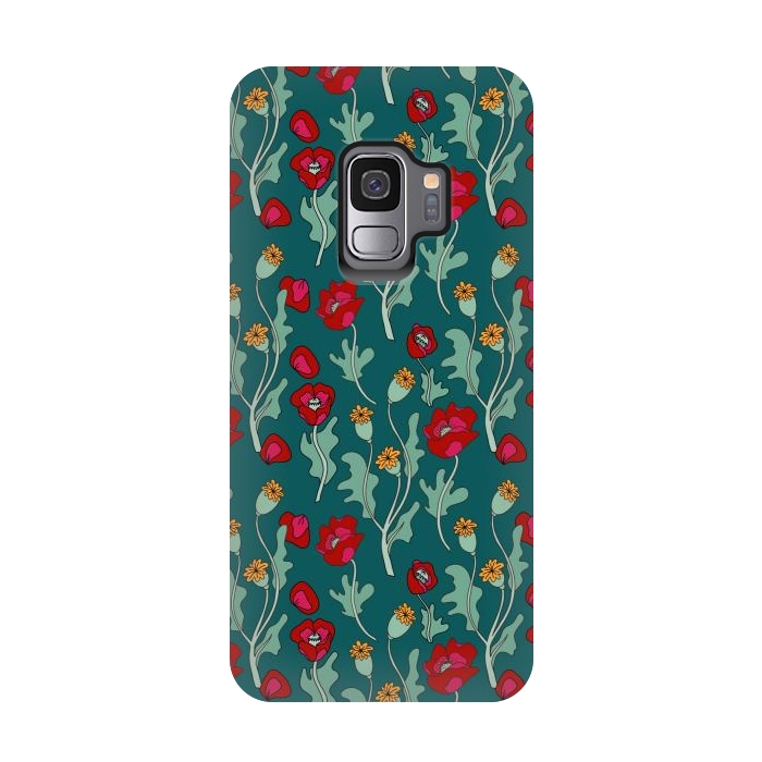 Galaxy S9 StrongFit Garden Poppies on Teal by Melissa Pedersen