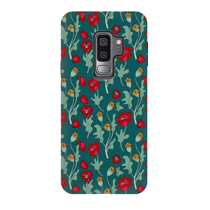 Galaxy S9 plus StrongFit Garden Poppies on Teal by Melissa Pedersen