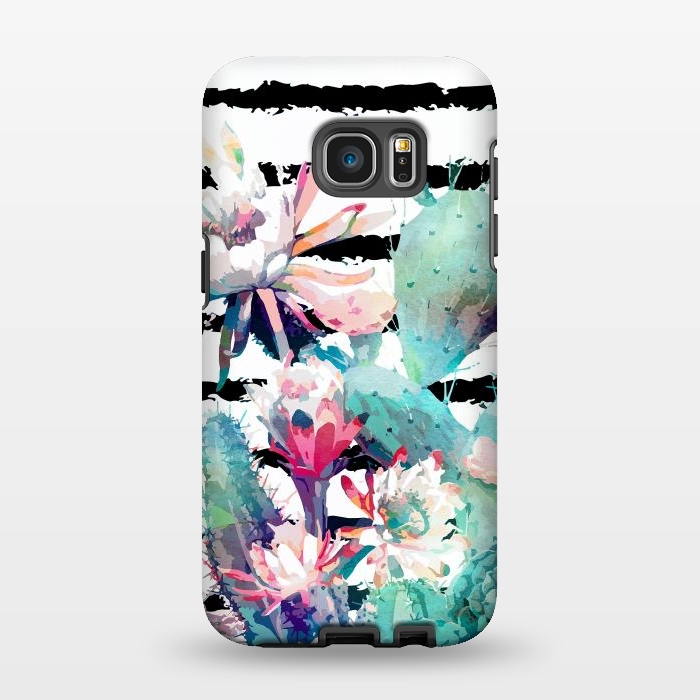 Galaxy S7 EDGE StrongFit Pretty watercolor cactus floral and stripes design by InovArts