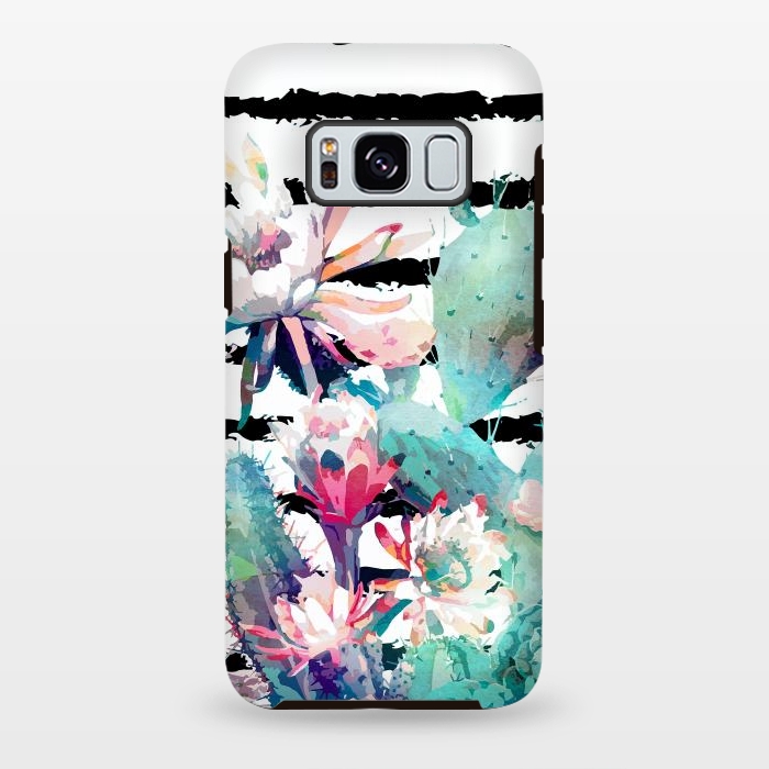 Galaxy S8 plus StrongFit Pretty watercolor cactus floral and stripes design by InovArts