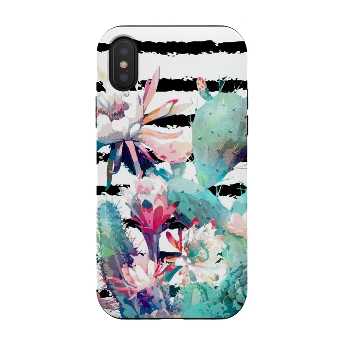iPhone Xs / X StrongFit Pretty watercolor cactus floral and stripes design by InovArts
