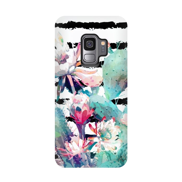 Galaxy S9 StrongFit Pretty watercolor cactus floral and stripes design by InovArts